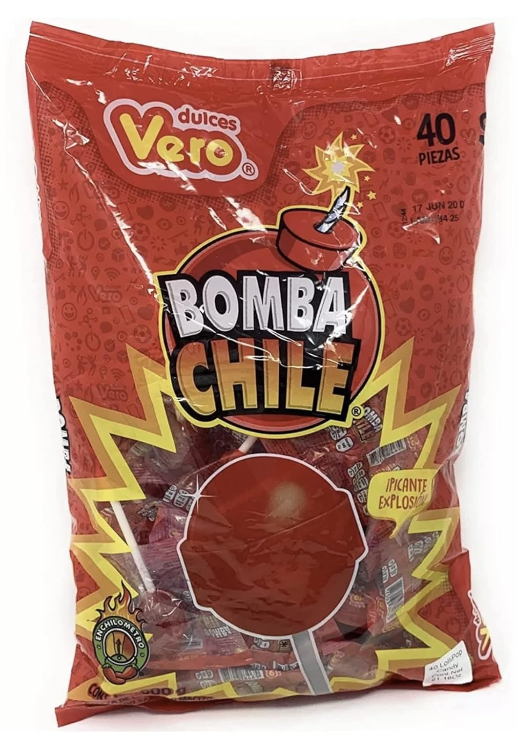 Mexican Candy Vero Lollipop Bomba Chile Strawberry Flavored & Chile Powder Filling 40 Pieces