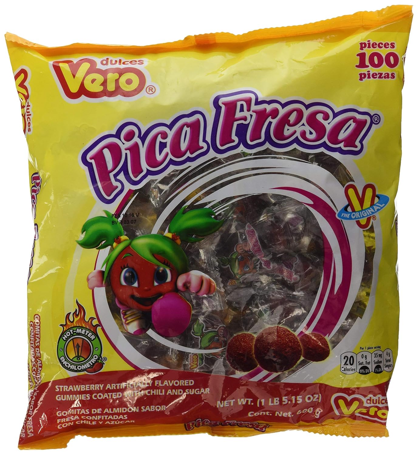 Dulces Vero Pica Fresa Chili Strawberry Flavor Gummy Mexican Candy, 100Piece, 1 LB, 5.15 OZ, Clear - PACK OF 3