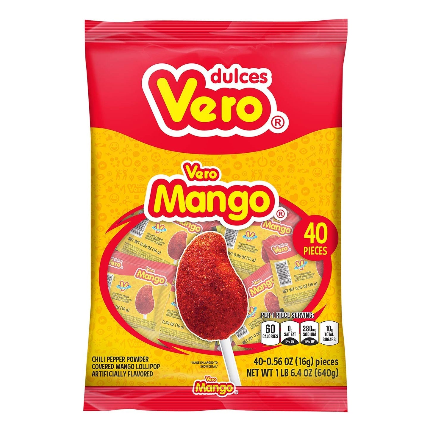 Vero Mango Flavored Acidulated Hard Candy Lollipops Coated with Chili: 120 Pieces - Wgg12