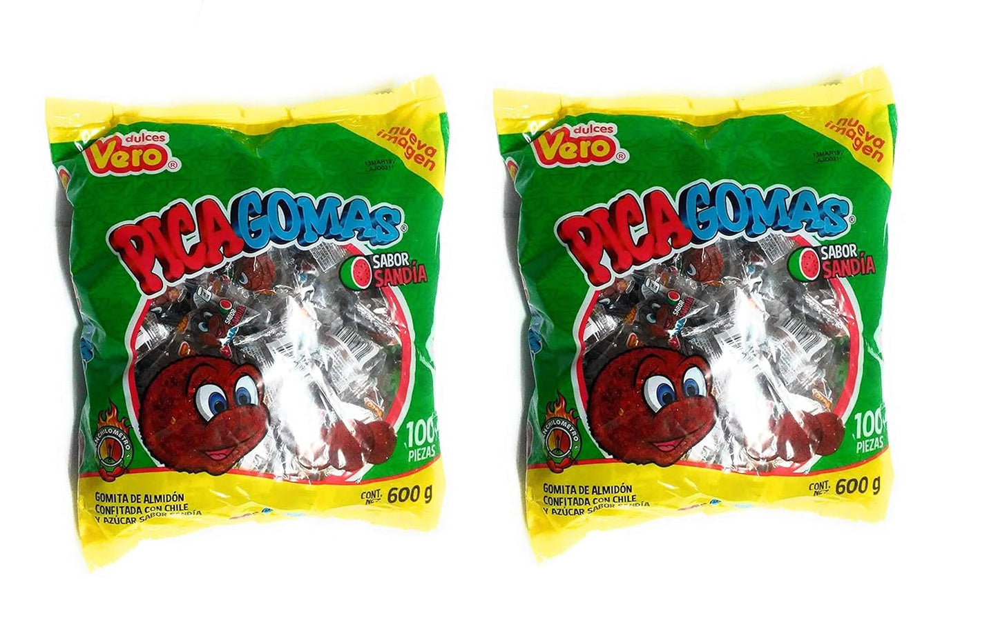Dulces Vero Vero Pica Sandia Chili Watermelon Flavor Gummy Mexican Candy,100 Pieces,1 LB,5.15 OZ Two Pack