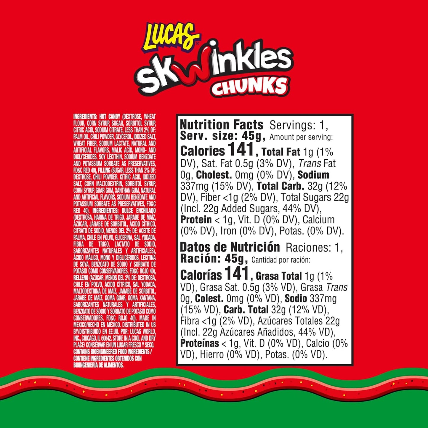 Lucas Skwinkles Candy Chunk Watermelon Flavored with Tamarind Filling 1.60oz, 6 pieces Pack