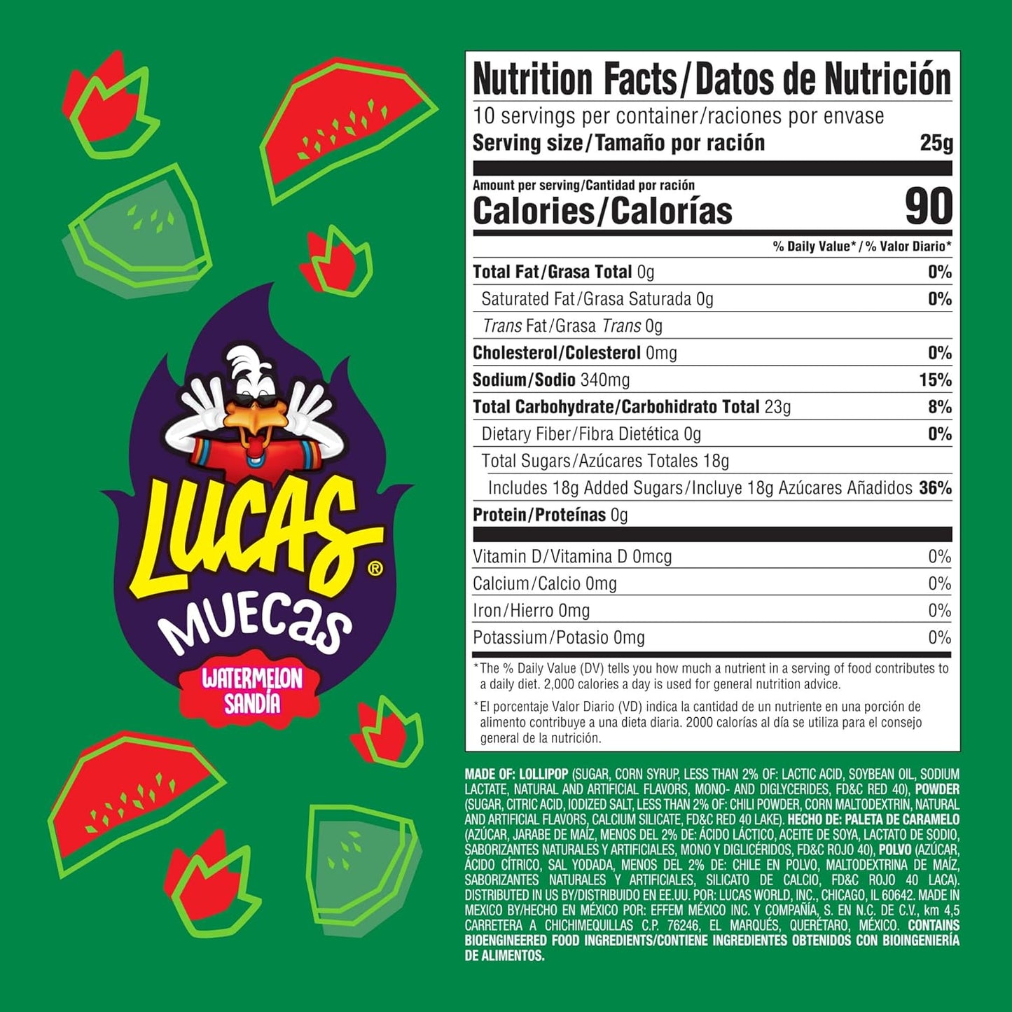Lucas Muecas Lollipop Watermelon Flavor Candy, 0.96oz - 10 Pieces Pack for Treats, Snack, Parties, Piñatas