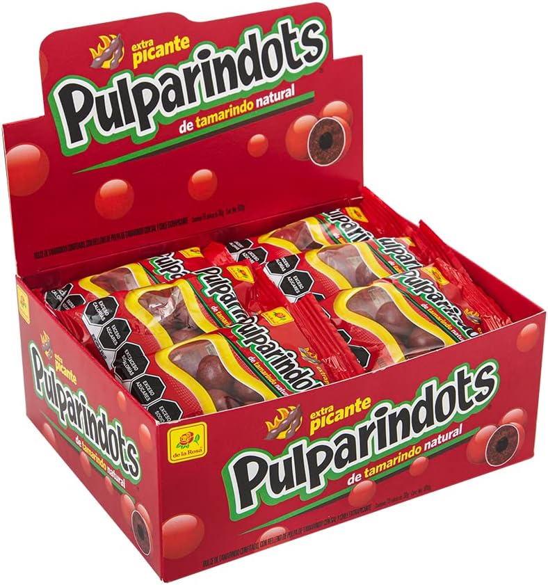 De La Rosa Pulparindots Tamarind Extra Hot, 12 Packets, 10 Pcs EA. Authentic Mexican Candy