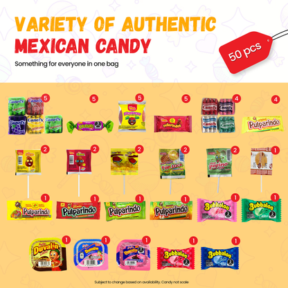 Bulk Mexican Candy Mix – Dulces Mexicanos Surtidos, Mexican Candy Variety Pack (50 Count) with Vero Lollipops, Lucas, Pulparindo Tamarindo, Mazapan, Spicy Snacks & a lot more.
