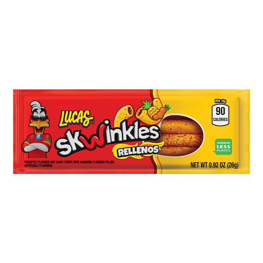 Lucas Skwinkles Pineapple - ESF27 Tamarind Filled Flavored Sweet & Sour Candy Strips, 0.92oz - 12 Pieces for Treats, Fruit, Parties, Piñatas