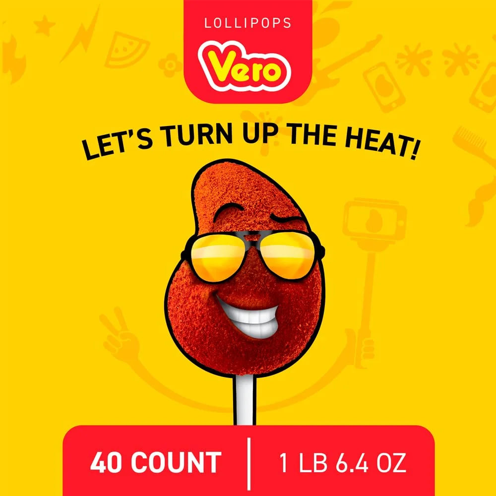 Vero Mango Lollipops Coated AKF18 with Chili Powder, Hot and Sweet Candy Treat, Artificially Flavored, Net Wt. 1.39 Pound, 40 Count Bag
