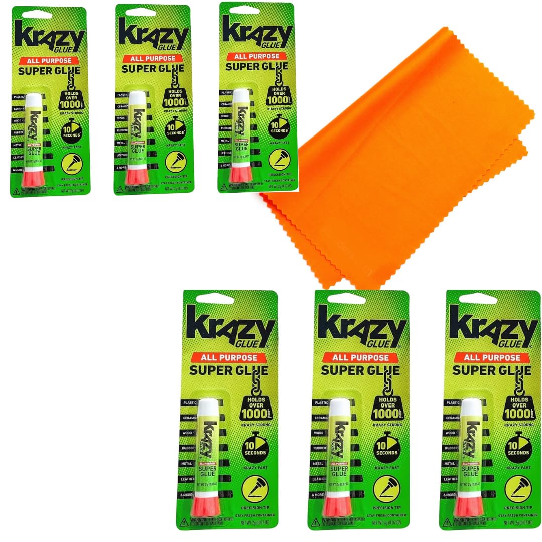 Krazy Glue ELMER'S Original Crazy Super Glue All Purpose Instant Repair, 6 Piece, AHSR PRODUCTS Bundle with Microfiber Wiping Cloth