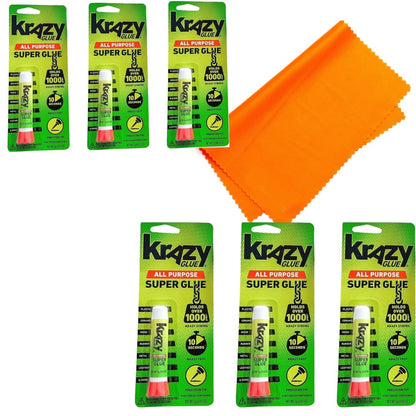 Krazy Glue ELMER'S Original Crazy Super Glue All Purpose Instant Repair, 6 Piece, AHSR PRODUCTS Bundle with Microfiber Wiping Cloth
