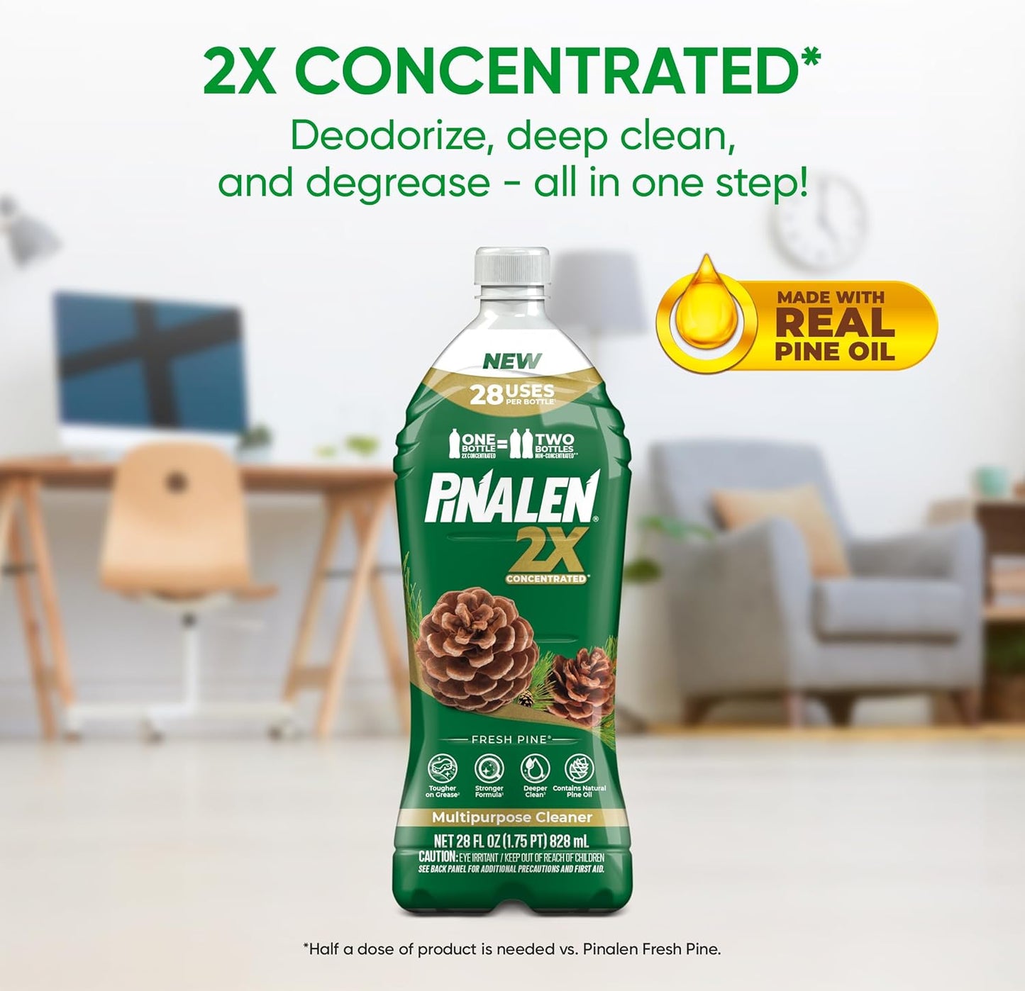 PINALEN 2X Concentrated Multipurpose Cleaner - Fresh Pine Scent - 28 fl oz - All Purpose Cleaner for Kitchen, Bathroom, Laundry, Floors & Outdoors