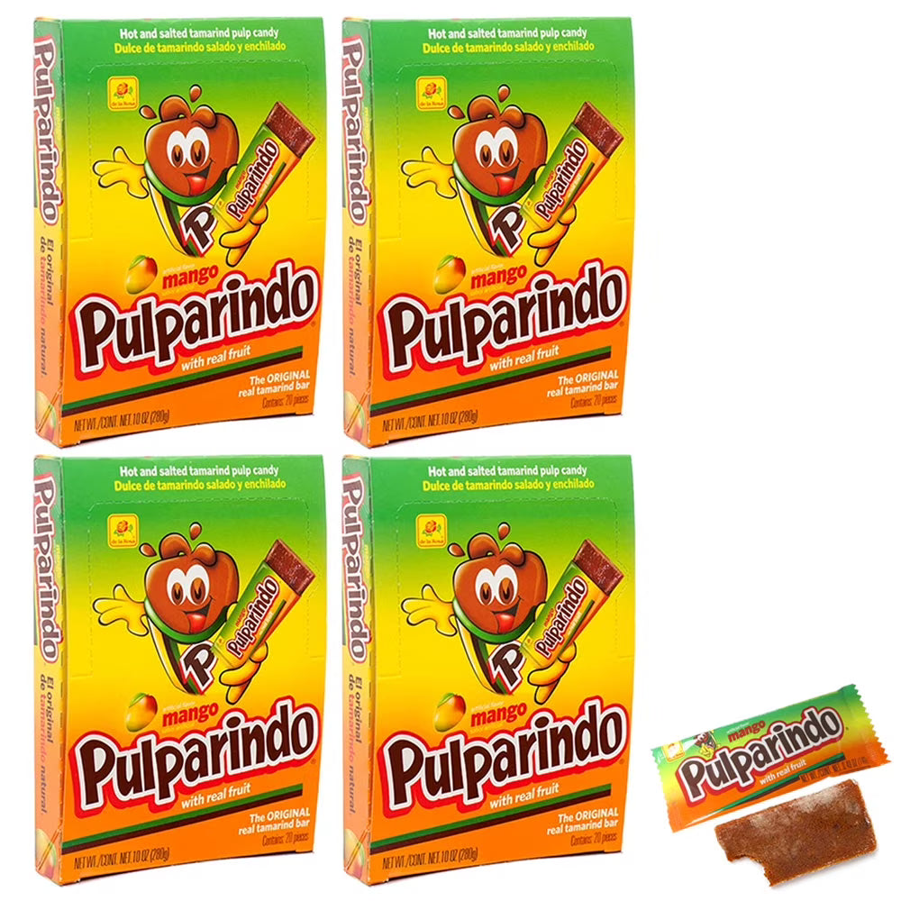 4 Pack Pulparindo Mango Mexican Candy Bar Tamarind Pulp Hot & Salted 80 PCS