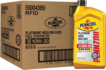 Pennzoil Platinum High Mileage Full Synthetic 10W-30 Motor Oil, 1 Quart (6 Pack)
