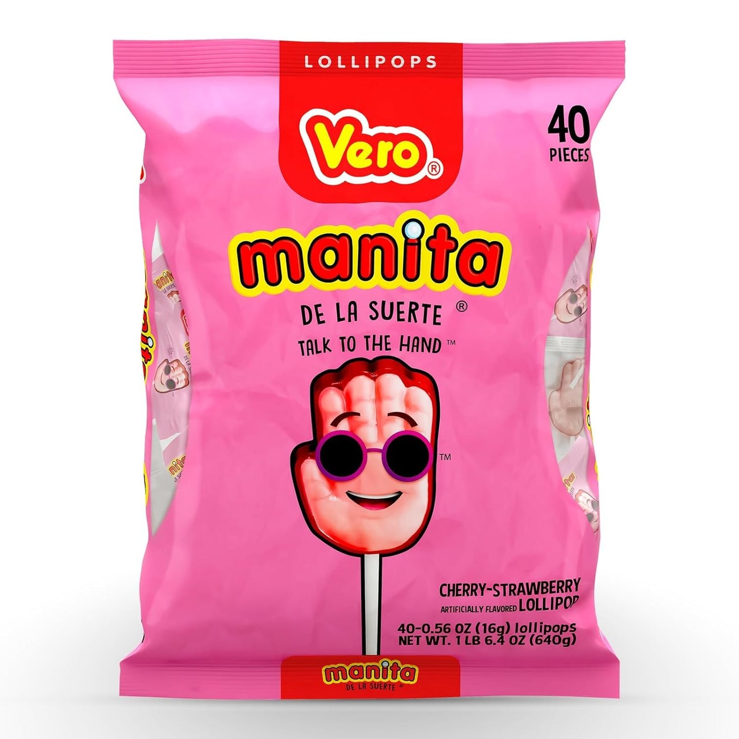 Vero Manita Paletas Strawberry & Cherry Flavored Lollipop (40 Count Bag) - Individually Wrapped Lollipops - Mexican Candy - Paletas Mexicanas Sabor Fresa