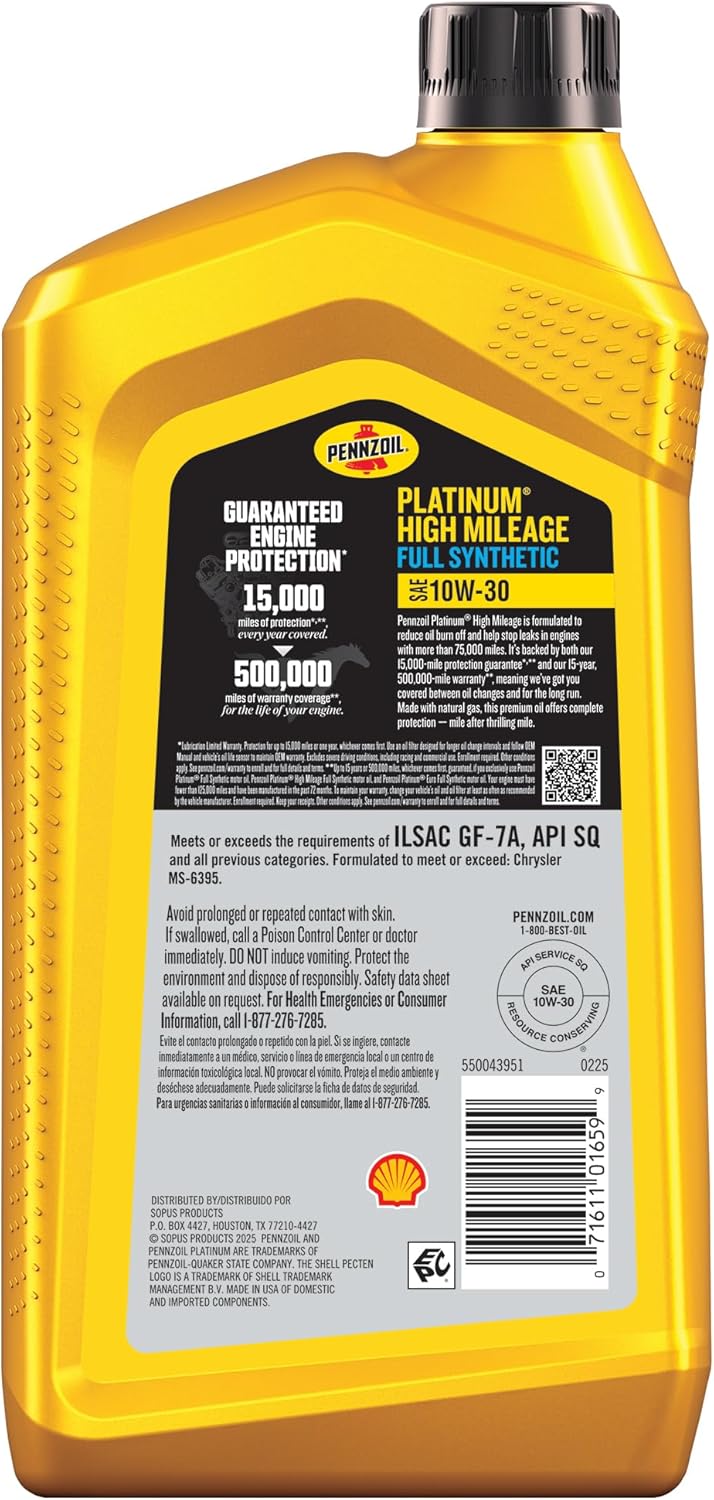 Pennzoil Platinum High Mileage Full Synthetic 10W-30 Motor Oil, 1 Quart (6 Pack)