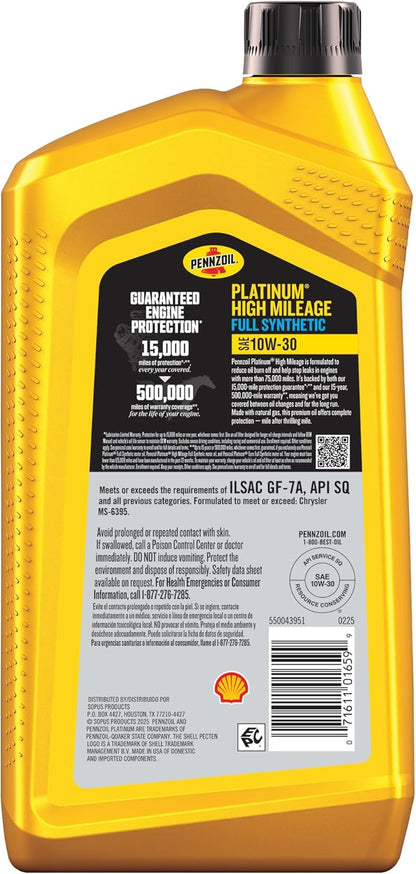 Pennzoil Platinum High Mileage Full Synthetic 10W-30 Motor Oil, 1 Quart (6 Pack)