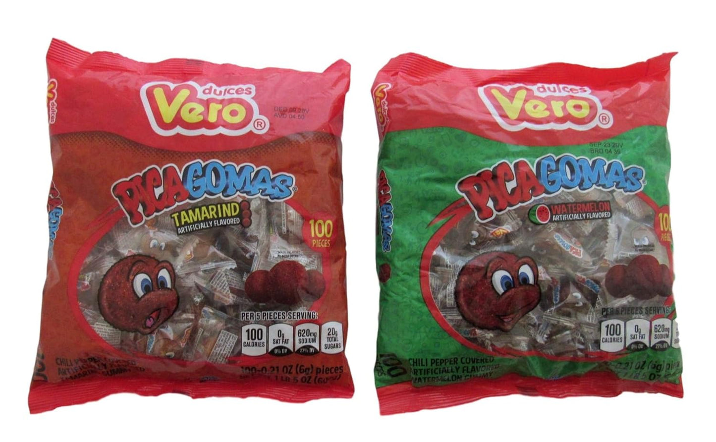 Dulces Vero Pica Gomas Tamarindo Chili, and Pica Gomas Watermelon Chili, Gummy Mexican Candy Bundle, 100 Pieces per bag, 1lb, 5.15 oz. each