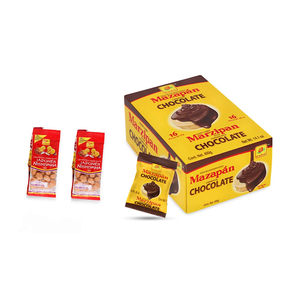 Box De La Rosa Mazapan covered chocolate of 16 Pieces Authentic Mexican Candy and 2 pockets of De la Rosa Japanese coated Peanuts