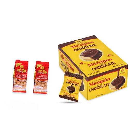 Box De La Rosa Mazapan covered chocolate of 16 Pieces Authentic Mexican Candy and 2 pockets of De la Rosa Japanese coated Peanuts