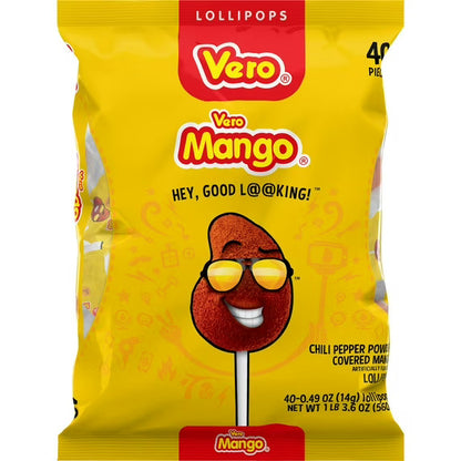 Vero Mango Candy Lollipops with Chili Pepper Powder, 40 Count Bag