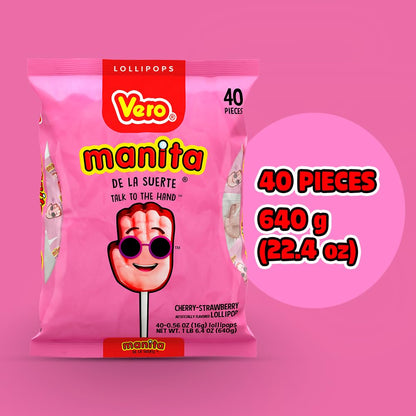 Vero Manita Paletas Strawberry & Cherry Flavored Lollipop (40 Count Bag) - Individually Wrapped Lollipops - Mexican Candy - Paletas Mexicanas Sabor Fresa