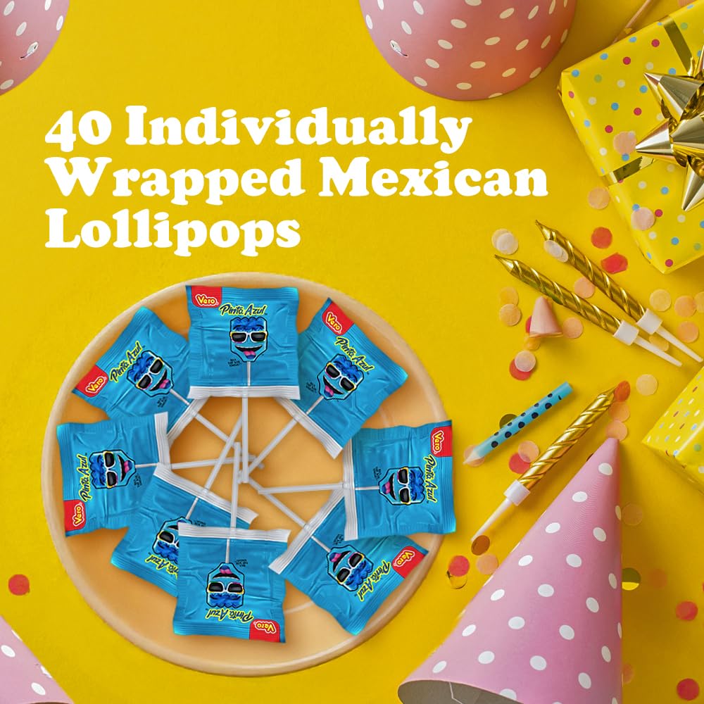 Vero Pintazul Lollipops - Individually Wrapped Mexican Candy That Colors Your Tongue Blue - Strawberry and Raspberry Flavor - 40 Pack (19.75 oz)