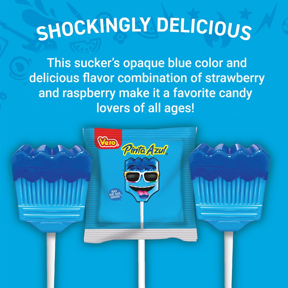 Vero Pintazul Lollipops - Individually Wrapped Mexican Candy That Colors Your Tongue Blue - Strawberry and Raspberry Flavor - 40 Pack (19.75 oz)