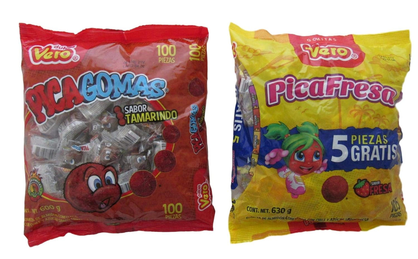 Pica Goma Tamarindo, 100 Pieces Bundled with Pica Fresa Strawberry, 105 Pieces by Dulces Vero