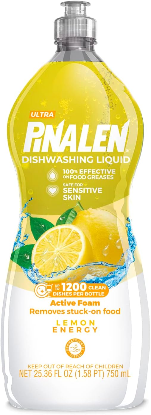 PINALEN Dishwashing Liquid Soap - Lemon Energy Scent - 25.3 fl oz - Active Foam Dishwashing Soap - Removes Grease & Stuck-On Food - Safe for Sensitive Skin
