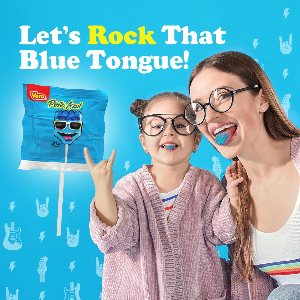 Vero Pintazul Lollipops - Individually Wrapped Mexican Candy That Colors Your Tongue Blue - Strawberry and Raspberry Flavor - 40 Pack (19.75 oz)