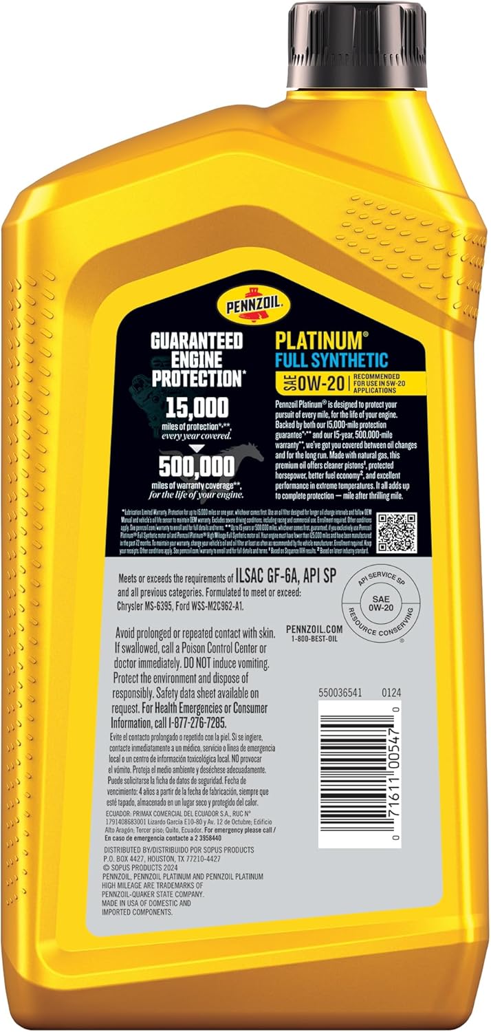 Pennzoil Platinum Full Synthetic 0W-20 Motor Oil (1-Quart, Case of 6)
