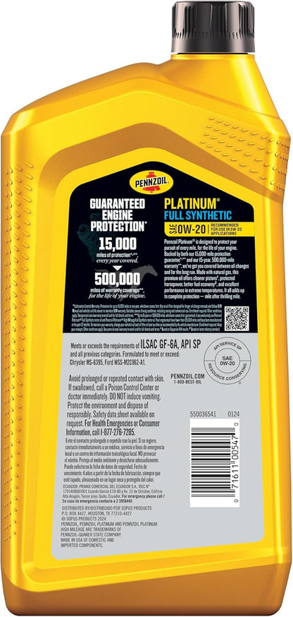 Pennzoil Platinum Full Synthetic 0W-20 Motor Oil (1-Quart, Case of 6)