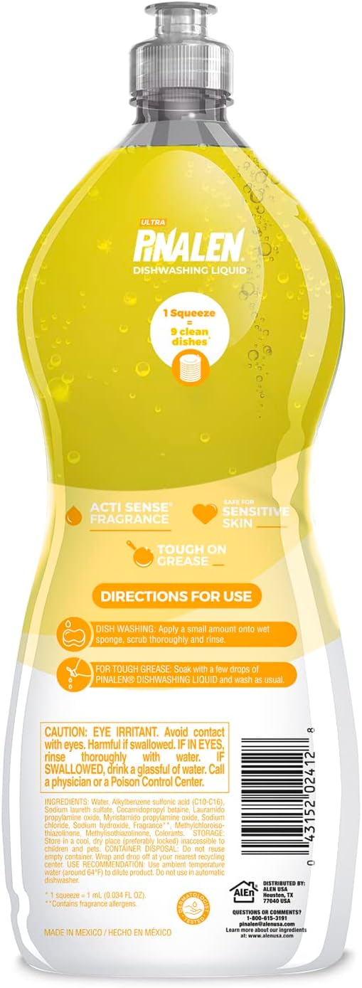 PINALEN Dishwashing Liquid Soap - Lemon Energy Scent - 25.3 fl oz - Active Foam Dishwashing Soap - Removes Grease & Stuck-On Food - Safe for Sensitive Skin