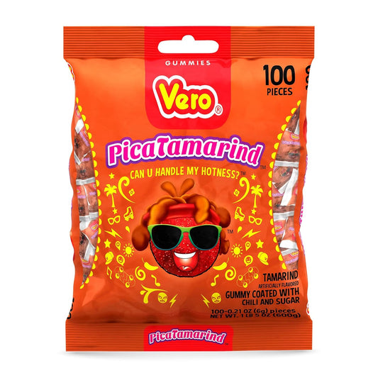 Vero PicaTamarind - Tamarind Flavor Chewy Gummy Treats Coated With Chili Powder & Sugar 100 Pieces (5.15 Oz) - Mexican Candy - Individually Wrapped Gummies for Halloween, Piñatas, and More