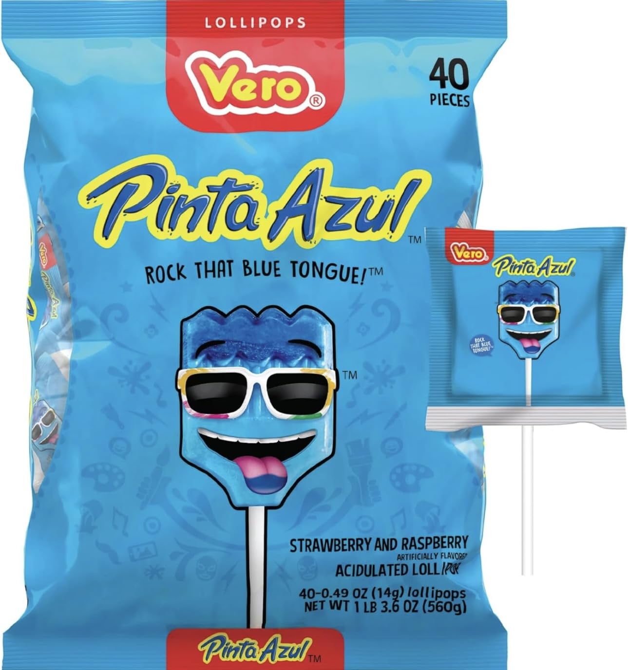 Vero Pinta Azul Strawberry Raspberry Candy Lollipops 40 Count Bag