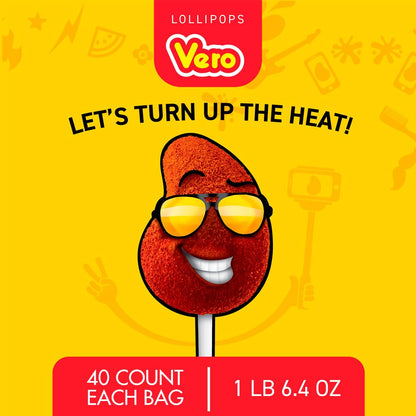 Vero Mango Flavored Lollipops Covered in Chili Powder 7 Bags, 40 Count Each (Net Wt. 167.86 Ounces) - Individually Wrapped Mexican Candy for Piñatas, Halloween, and More.