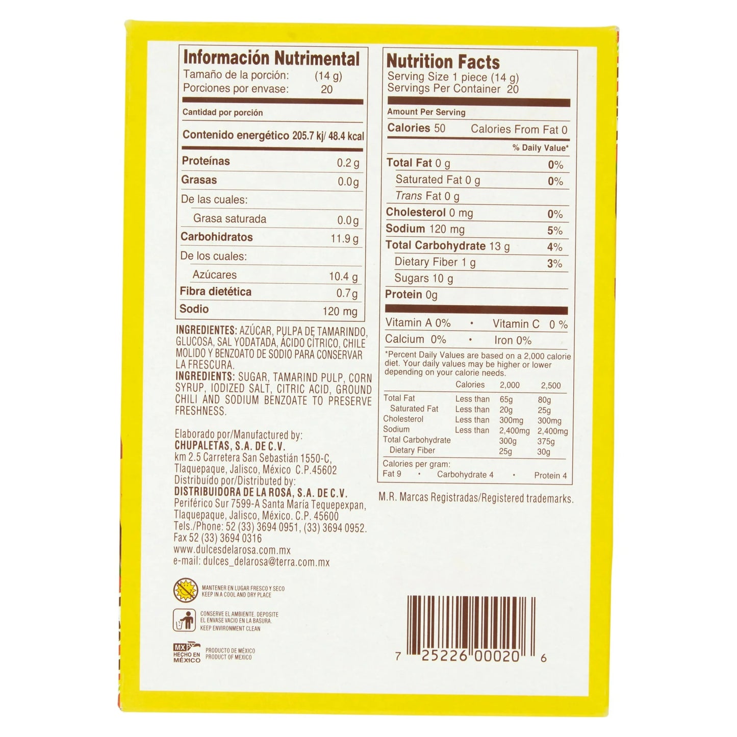 De La Rosa Pulparindo Tamarind Candy, Original Hot and Salted Mexican Candy, 20 Count