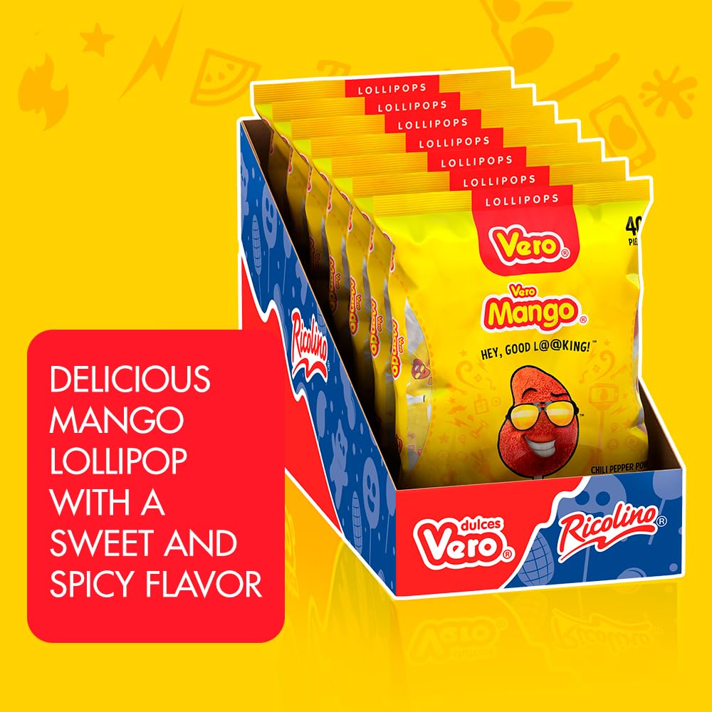Vero Mango Flavored Lollipops Covered in Chili Powder 7 Bags, 40 Count Each (Net Wt. 167.86 Ounces) - Individually Wrapped Mexican Candy for Piñatas, Halloween, and More.