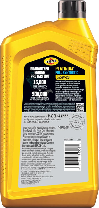 Pennzoil Platinum Full Synthetic 5W-20 Motor Oil (1-Quart, Case of 6)