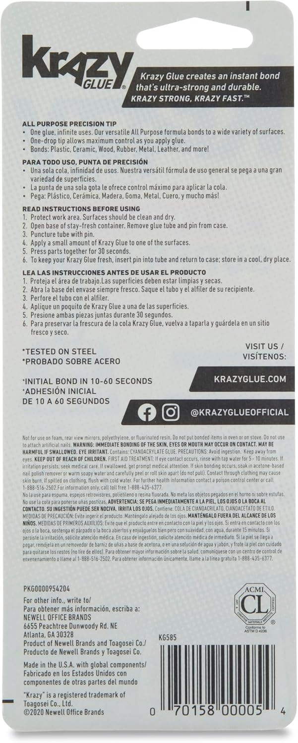 Krazy Glue KG58548R All-Purpose 0.07 Oz Super Glue Tube; Great for Everyday Household Repairs; Forms an Extra-Strong Bond on Wood, Rubber, Glass, Metal, Plastic and Ceramic