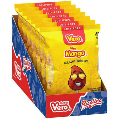 Vero Mango Lollipops Coated with Chili Powder, Hot and Sweet Candy Treat, Artificially Flavored, 7 Bags, 40 Count Each, Net Weight of 8 Pounds 9.9 Ounces