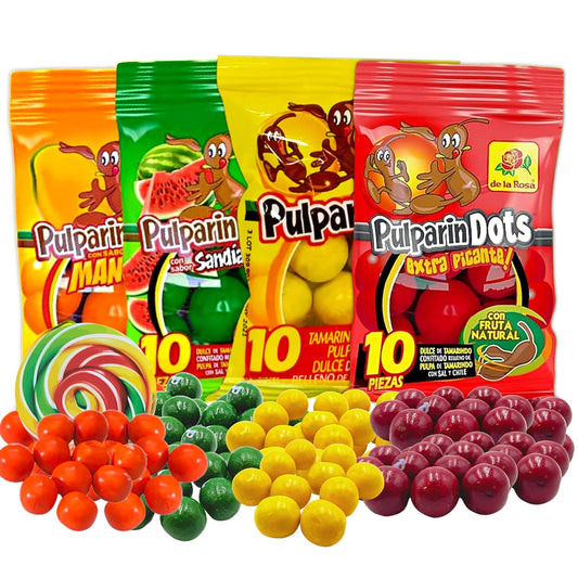 Sweetzo - Sweet and Spicy Pulparindo Mexican Candy, Colorful Bite Size Hard Shell with Tamarind Pulp Center, Individual Single Serving Bags, Hispanic Candies, Pack of 4
