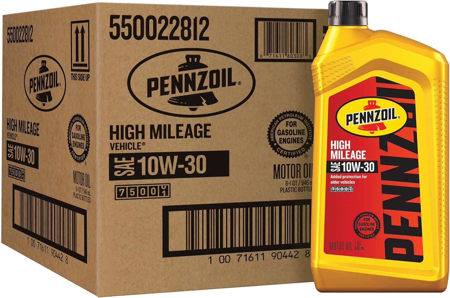 Pennzoil High Mileage 10W-30 Motor Oil, 1 Quart (6 Pack)
