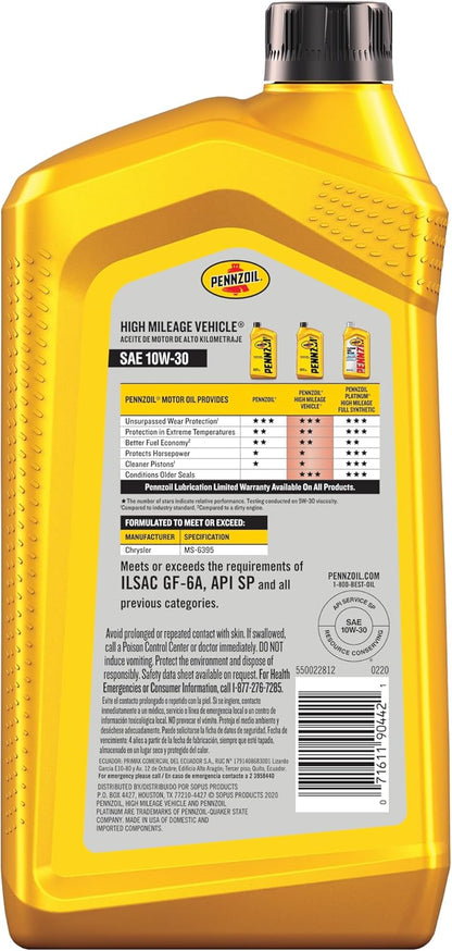 Pennzoil High Mileage 10W-30 Motor Oil, 1 Quart (6 Pack)