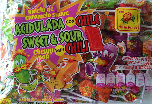 De la Rosa Sweet and Sour Chewy Pop with Chili 50 pcs And one spicy Gummy watermelon pop