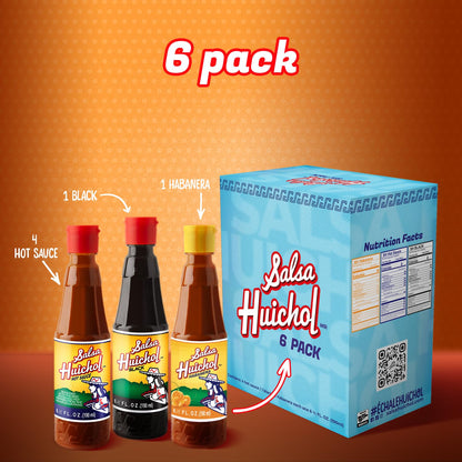 Salsa Huichol Mix Pack – Original, Negra, and Habanera – 6-Pack of 6.42 oz Bottles – Perfect for Tacos, Snacks & Seafood