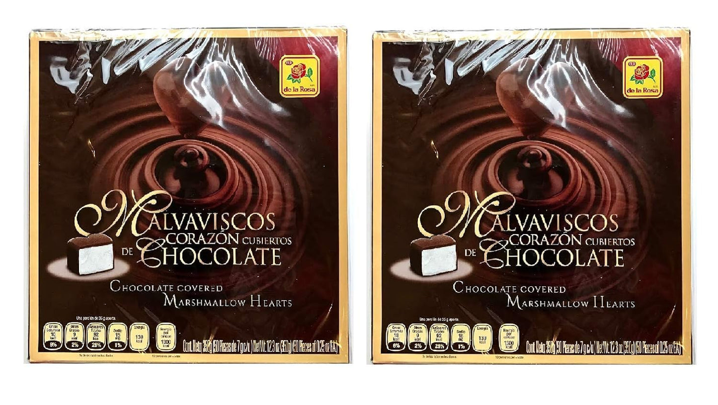 DE LA ROSA Malvaviscos Corazon Cubiertos de Chocolate 350 gr. 2 PACK | Chocolate Covered Marshmallow Hearts 12.3 oz.
