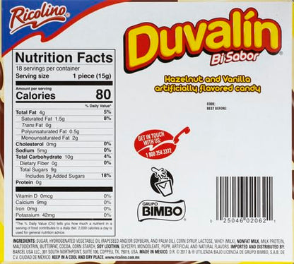 Ricolino Duvalin HV 18 ct Box, 0.52 oz Hazelnut & Vanilla Flavored Spread