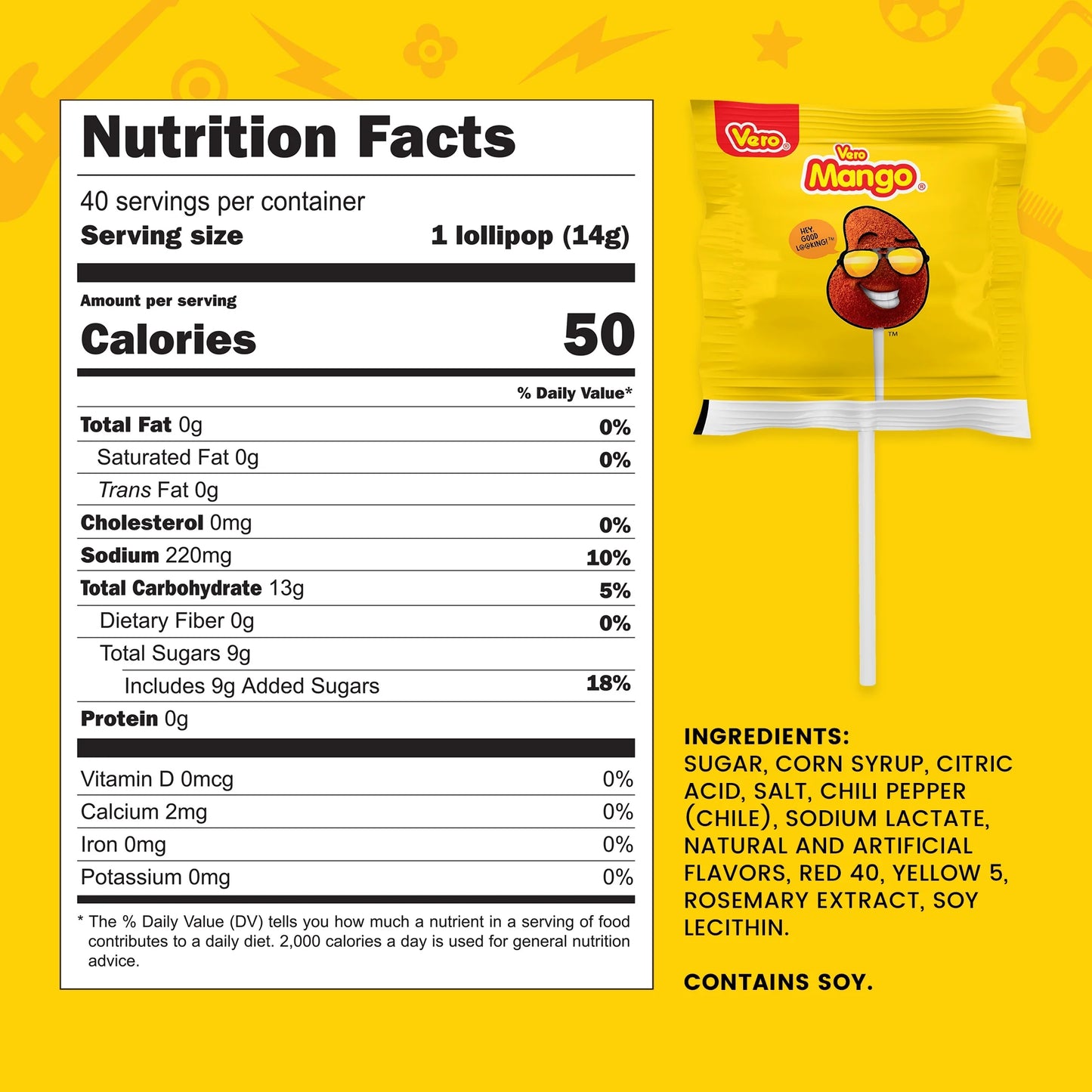 Vero Mango Candy Lollipops with Chili Pepper Powder, 40 Count Bag