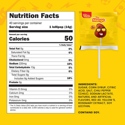 Vero Mango Candy Lollipops with Chili Pepper Powder, 40 Count Bag