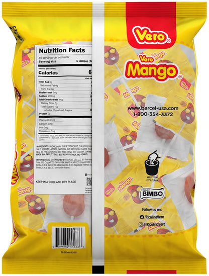 Vero Mango Lollipops Coated with Chili Powder, Hot and Sweet Candy Treat, Artificially Flavored, Net Wt. 19.7 Ounces, 40 Count Bag