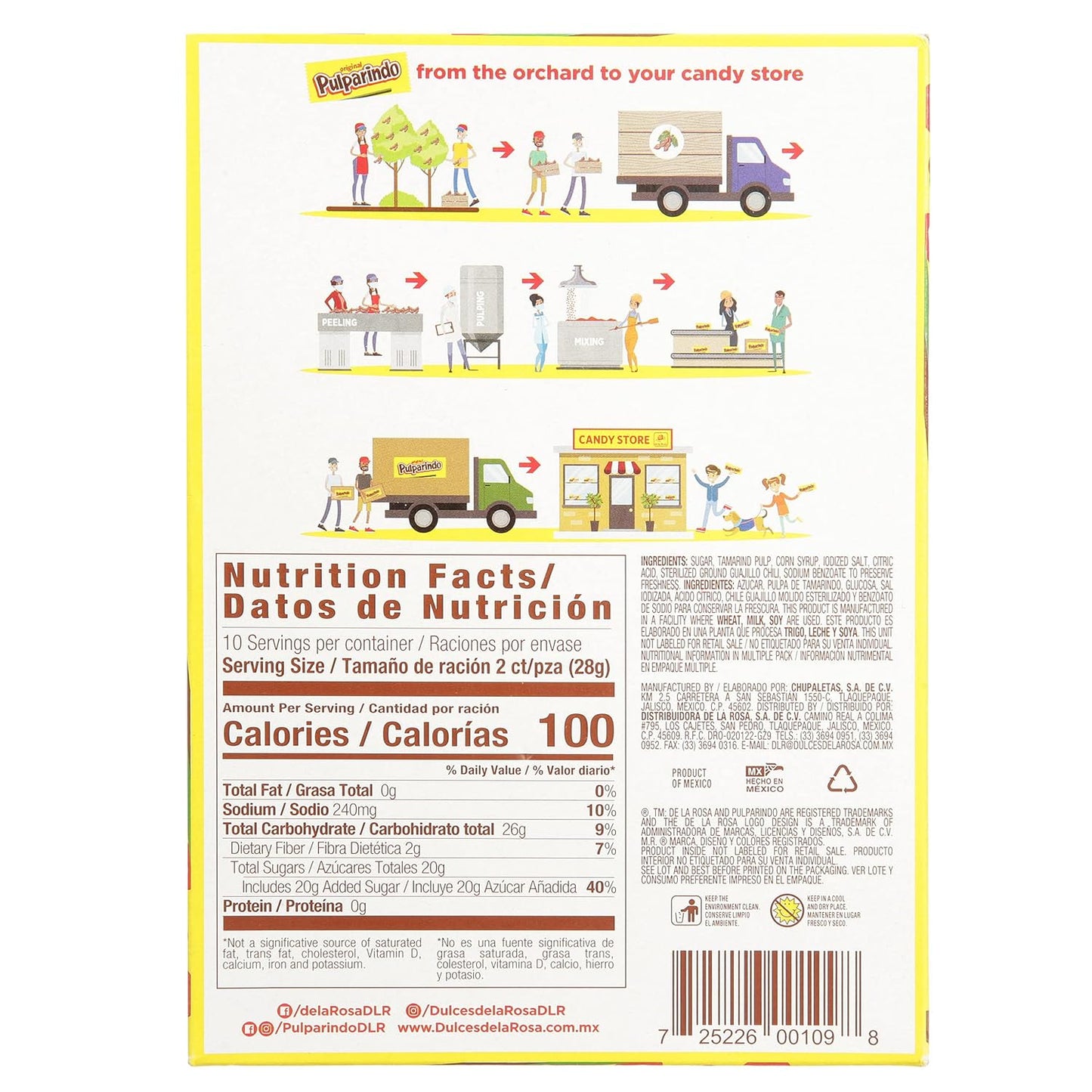 De la Rosa Pulparindo Tamarind Mexican Candy - Original Flavor - One 10 oz (280g) Box with 20 Individually Wrapped Bars